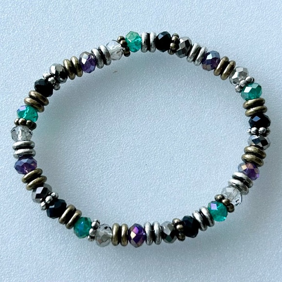 Stretch Bracelet with Multicolor Faceted Beads Gold and Silver Tone Spacers - Picture 3 of 8
